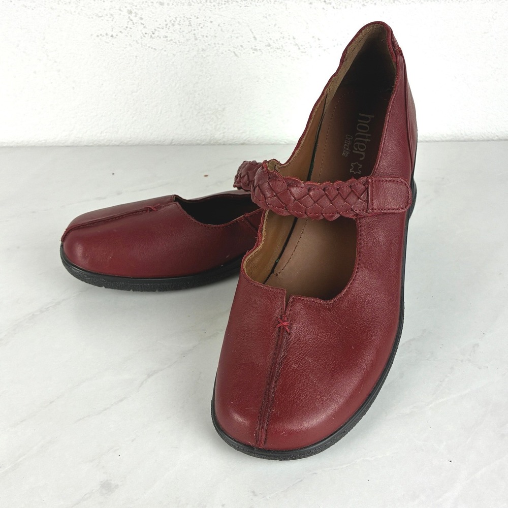 Hotter Shake II Burgundy Leather Braided Strap Mary Jane Flats Womens 11